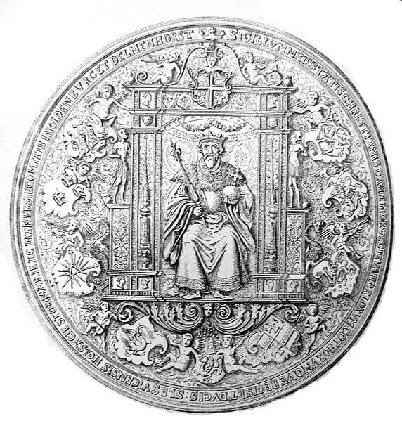 Chr. d.3. segl. Under Chr. d.3. blev Danmark igen samlet i et´rige og i 1536 gennemførte han reformationen i Danmark. Billede fra Wikipedia.