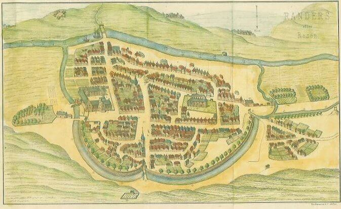 Farvelagt prospekt af Randers set fra nord. Efter Resen 1677. Chr. d. 3 kanal kommer ind fra højre midt i billedet.
