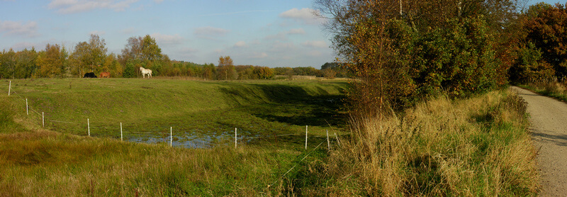 Kanalen ved Fladbro - set fra nordvest. Det 300 m. lange kanal-stykke fortsætter ind i skoven mod vest.