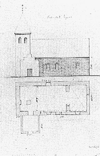 Facadetegning fra omkring midten af 1800-tallet af den nu nedrevne Essenbæk Kirke.