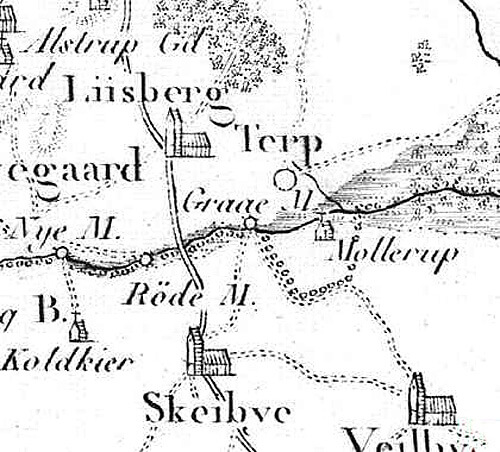Udsnit fra Videnskabernes Selskabs kort fra slutningen af 1700-tallet. Her ses vejene til og fra Gråmølle.