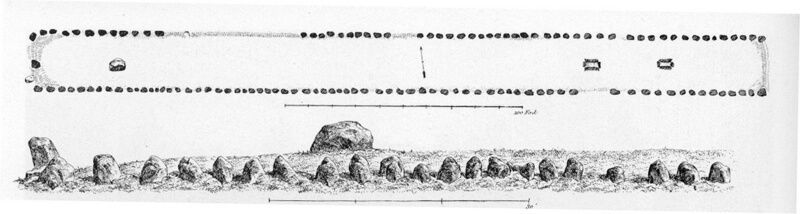 2: Grønsalens grundplan og tegning af vestenden med gravkammer. Tegn. A.P. Madsen 1896.
