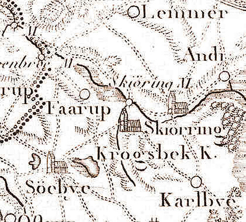 Udsnit af 1791-kortet hvor Krogsbæk Kirke stadig fungerede.
