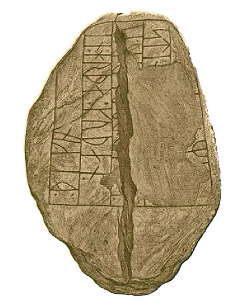 1: Langåstenen III optegnet af Wimmer, 1899-1901 med runeteksten X (rejste denne) sten (efter Y) sin broder, en meget god Thegn